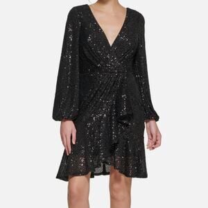 Eliza J Faux Wrap Sequin Dress size 10, Black | NEW $228